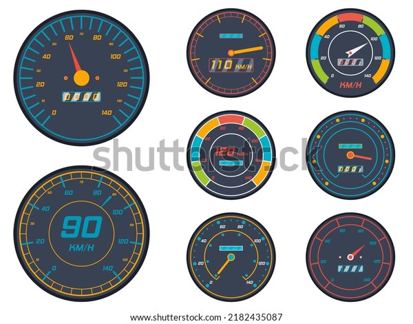 Car speedometer level indicator\
icons set. Speed signs and icon set in flat style for transport.\
Engine speedometer on white background. Vector\
illustration.