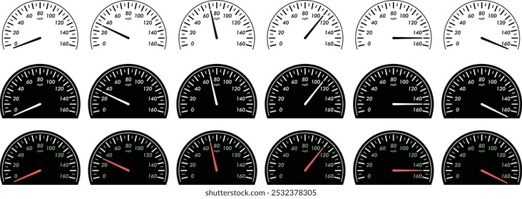 Car speedometer. A speedometer in mph with different speeds from zero to max.