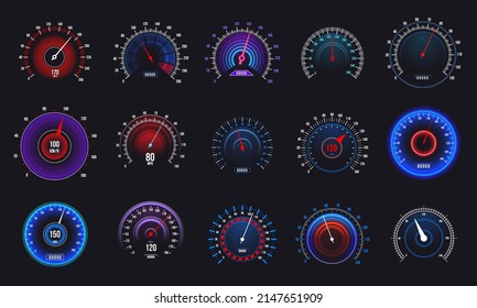 Car Speedometer. Odometer And RPM Motorbike Gauge, Automobile Speed Counter And Tachometer. Vector Auto Display Set. Futuristic Vehicle Dashboard For Speed Measurement Control, Auto Display