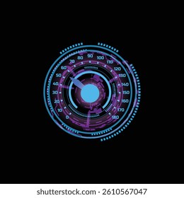 Car speedometer, scale dashboard high tech style. Vector digital neon LED speed gauge with arrow. Accelerate measurement indicator, progress bar, control display. Tachometer counter on black.