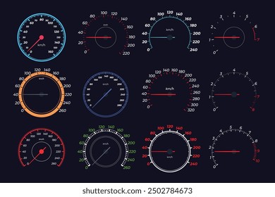 Car speedometer set. Measurement of vehicle speed and engine revolutions. Interface for programs and applications. Vector illustration