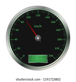 Car speedometer with speed scale in chrome frame. Vector illustration.