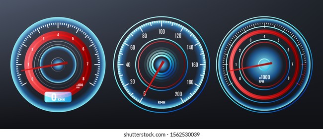 Car speedometer, tachometer for dashboard. Analog device for measuring speed. Vector illustration