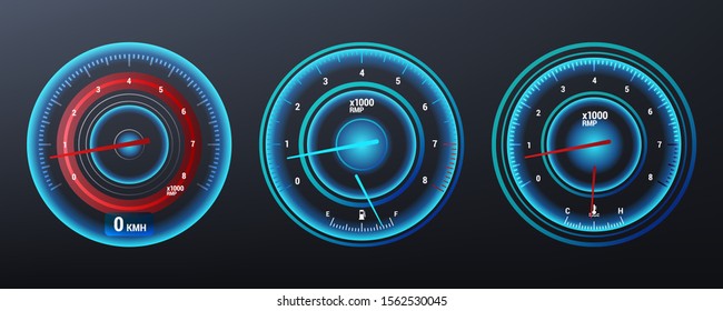 Car speedometer, tachometer for dashboard. Analog device for measuring speed. Vector illustration