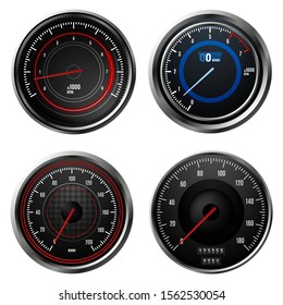 Car speedometer, tachometer for dashboard. Analog device for measuring speed. Vector illustration