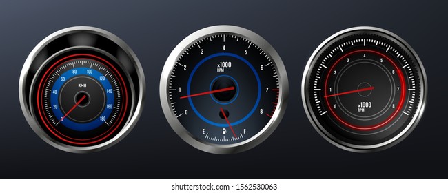 Car speedometer, tachometer for dashboard. Analog device for measuring speed. Vector illustration