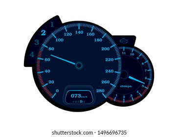 Car speedometer with tachometer. Speedometer with neon lights. Vector round speedometer isolated on a white background.