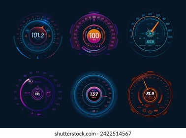 Velocímetros de auto, tablero de mandos de neón y ancho de tráfico, interfaz vectorial futurista. Medidores de velocidad del automóvil o tacómetros de velocidad con flecha e indicador digital del combustible, mph y engranaje del motor