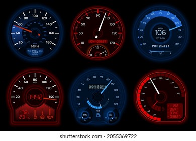 Car speedometers. Racing speedometer, speed scales in auto. Car dashboard, fast accelerate interface. Abstract motorbike, vehicle recent vector elements