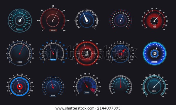 Car speedometers set. Speed measurement\
automobile indicator, futuristic display with counter and arrow.\
Vector set. Kilometer performance pointers on dark illuminated\
dashboard isolated