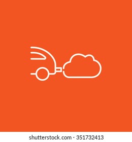 Car spewing polluting exhaust line icon for web, mobile and infographics. Vector white icon isolated on red background.