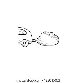 Car spewing polluting exhaust vector sketch icon isolated on background. Hand drawn Car spewing polluting exhaust icon. Car spewing polluting exhaust sketch icon for infographic, website or app.