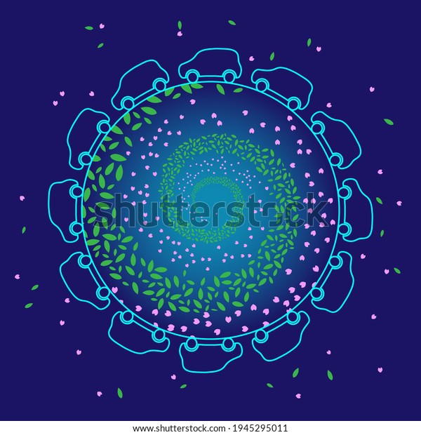 A car is spinning around the circle. Leaves\
and petals swirl inside the circle. Imaginary illustration of\
carbon neutral. Created with vector\
data.