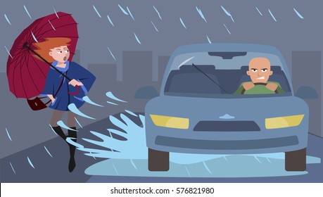 car splashes pedestrian, illustration of discourtesy