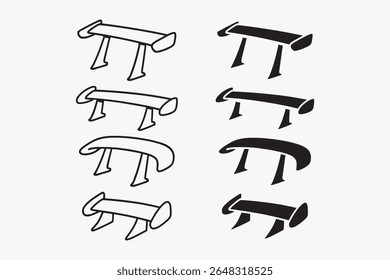 car spoiler icon set in outline and filled style for garage, workshop and repair. racing wing illustrations. aerodynamic automotive accessory element designs with high, low, lip, explainable types