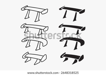 car spoiler icon set in outline and filled style for garage, workshop and repair. racing wing illustrations. aerodynamic automotive accessory element designs with high, low, lip, explainable types