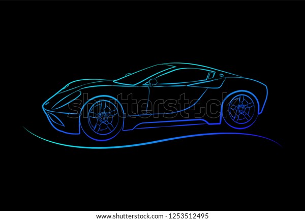 Car. Sports car. Machine logo. Contour\
illustration on a black\
background.