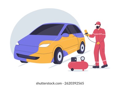 Car Spray Painting in Auto Body Workshop. Illustration for websites, landing pages, mobile apps, posters and banners