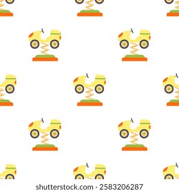 car spring rider seamless pattern in flat design isolated on white, vector illustration of kid car, rocking attraction at playground park or festival amusement park