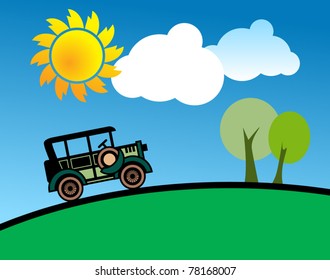 Car in spring sunny landscape, vector illustration
