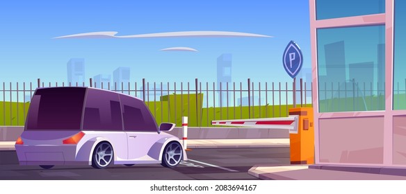 Car stand at parking security entrance with automatic barrier, guardian booth, stop line and road sign. City guard system for automobile park, closed private area access, Cartoon vector illustration