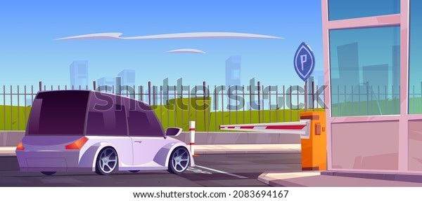 Car stand at parking security entrance with\
automatic barrier, guardian booth, stop line and road sign. City\
guard system for automobile park, closed private area access,\
Cartoon vector\
illustration
