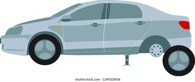 car standing on jack without one wheel, changing tire. Passenger vehicle. Flat vector for promo poster of automobile repair workshop