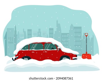 The car is standing in a snowdrift, covered with snow.  In winter, the car is parked on the street. Vector illustration.