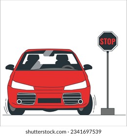 car standing in stop sign board.  Stop sign on the road and a car. Crossroads with a stop sign as seen from our side. 2240