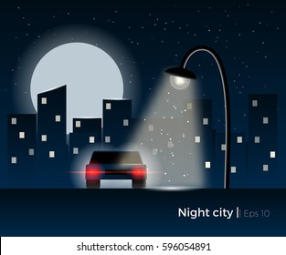 Car standing under the lantern light, surrounded by a night city silhouette and shining moon. Stylish vector illustration with light effects and simple details.