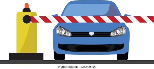 El auto se para frente a una barrera cerrada. Barreras cerradas para coches. Puerta de la barrera de estacionamiento. La calle tiene parada en la frontera. Diseño plano de ilustración vectorial. Aislado sobre fondo blanco. 