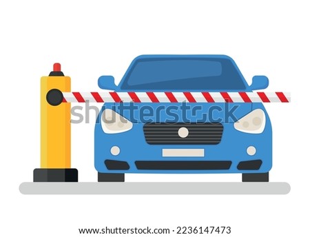 The car stands in front of a closed barrier. Closed car barriers. Parking car barrier gate. Street road stop border. Vector illustration flat design. Isolated on white background. eps 10
