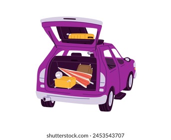 Car stands, waits to preparing to summer travel, packing baggage in open back door. automobile trunk with luggage to moving, leaving in auto trip. Flat isolated vector illustration on white background