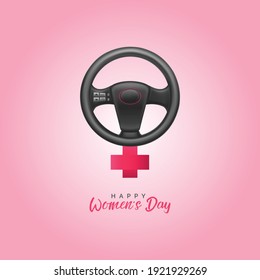 Car staring with happy women's day sign. 