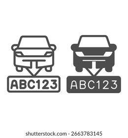 Car with state number plank line and solid icon, drivers permit concept. Vector graphics. Driver identity tag on road, safety sign on white background, outline style icon for mobile or web design