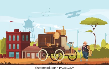 Car in steampunk style and old man with robotic arm holding wrench outdoors cartoon vector illustration