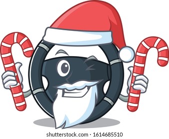 Car steering Cartoon character in Santa costume with candy