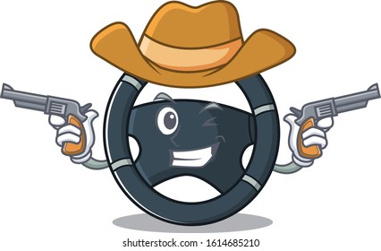 Car steering dressed as a Cowboy having guns