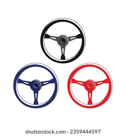 Car Steering Wheel Black, Blue, Red, White Silhouette Vector