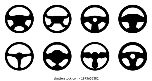 Car steering wheel black silhouette collection. Vector auto detail.