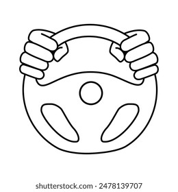 Car steering wheel in driver's hands vector icon. Hands on steering wheel isolated  on white background. Driver, driving car concept.