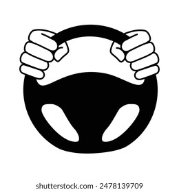 Car steering wheel in driver's hands vector icon. Hands on steering wheel isolated  on white background. Driver, driving car concept.