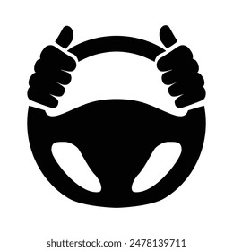 Car steering wheel in driver's hands vector icon. Hands on steering wheel isolated  on white background. Driver, driving car concept.