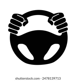 Car steering wheel in driver's hands vector icon. Hands on steering wheel isolated  on white background. Driver, driving car concept.