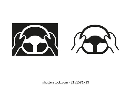 Car Steering Wheel Hand Hold Warning Icon. Silhouette And Linear Original Logo. Simple Outline Style Sign Symbol. Vector Illustration Isolated On White Background. EPS 10.