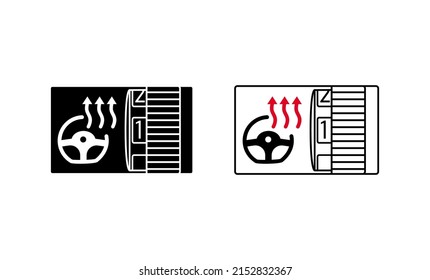 Car steering wheel heating setting icon. Car modern steering wheel heating system icon. Silhouette and linear original logo. Simple outline style sign icon. Vector illustration isolated on white.