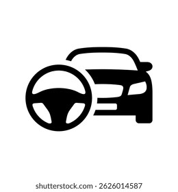 Car and steering wheel icon. Driving lesson icon. Practical driving test. Vector icon isolated on white background.