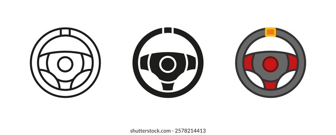 Car steering wheel icon. Rudder symbol. Helm sign. Auto control round vehicle part pictogram. Steering wheel vector illustration. Drive a car concept. Automobile driving steer isolated outline circle.