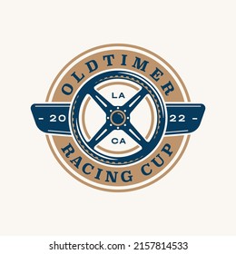 Car steering wheel logo template vintage style vector illustration element for badge or label retro design. Steering wheel silhouette. Oldtimer Car service logo 