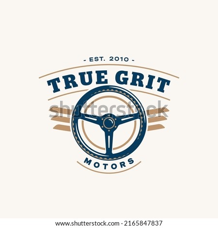 Car steering wheel logo template vintage style vector illustration element for badge or label retro design. Steering wheel silhouette. Oldtimer Car service logo 